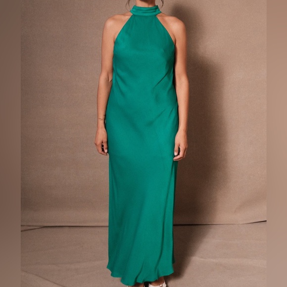 Meshki Claire Green Satin Drape Back Maxi Dress with Split - Picture 6 of 11